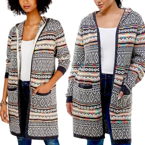 Monteau Bohemian Aztec Print Style Hooded Printed OpenFront Cardigan Size Medium - Picture 1 of 9